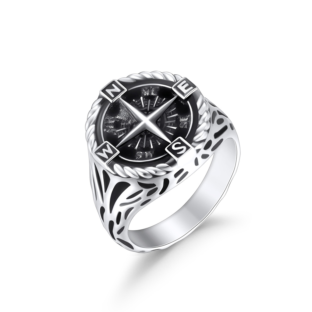 Stainless Steel Compass Ring with Black Enamel Nautical Design