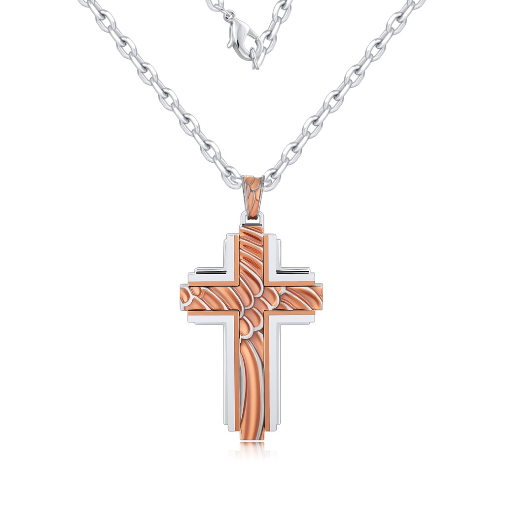 Stainless Steel Cross Pendant Necklace with Rose Gold Inlay Design