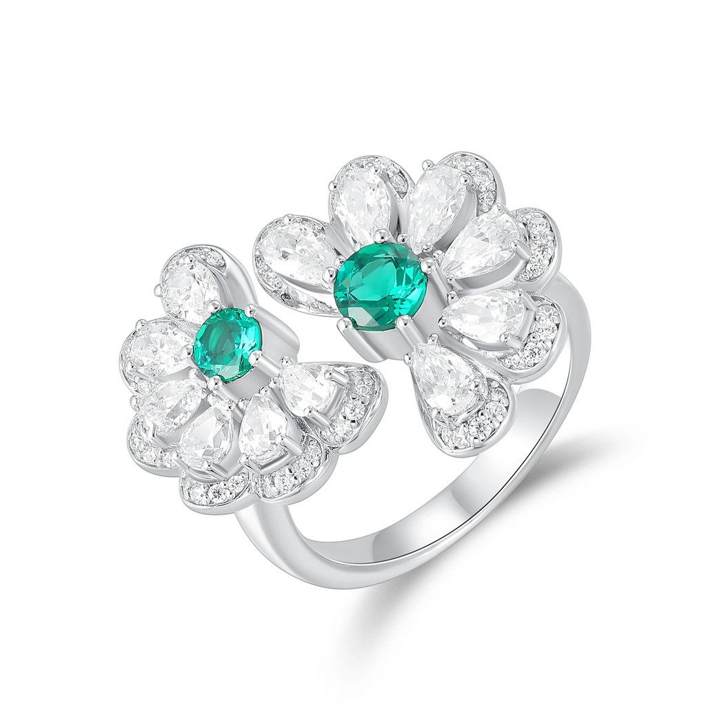 Stainless Steel Double Flower Ring with Green and White Crystals