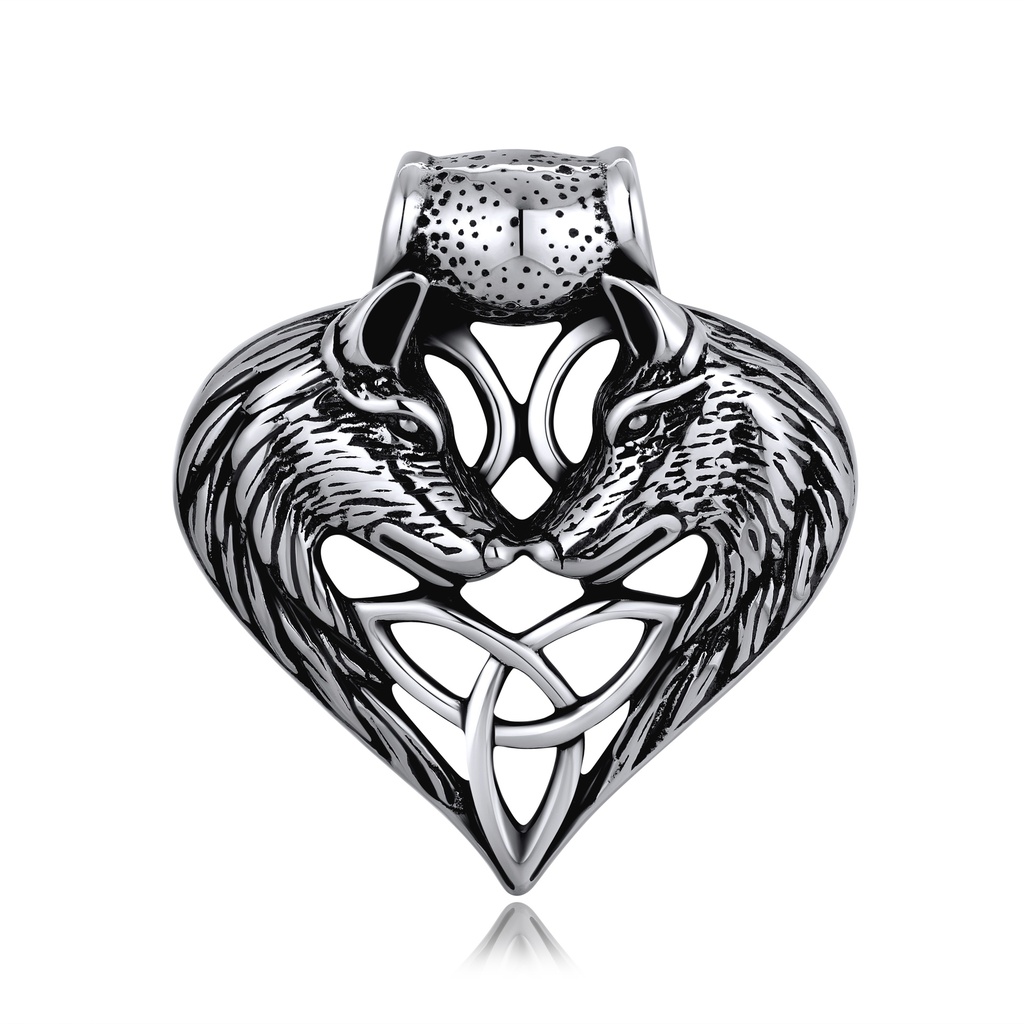 Stainless Steel Double Wolf Heart Pendant with Celtic Knot Design