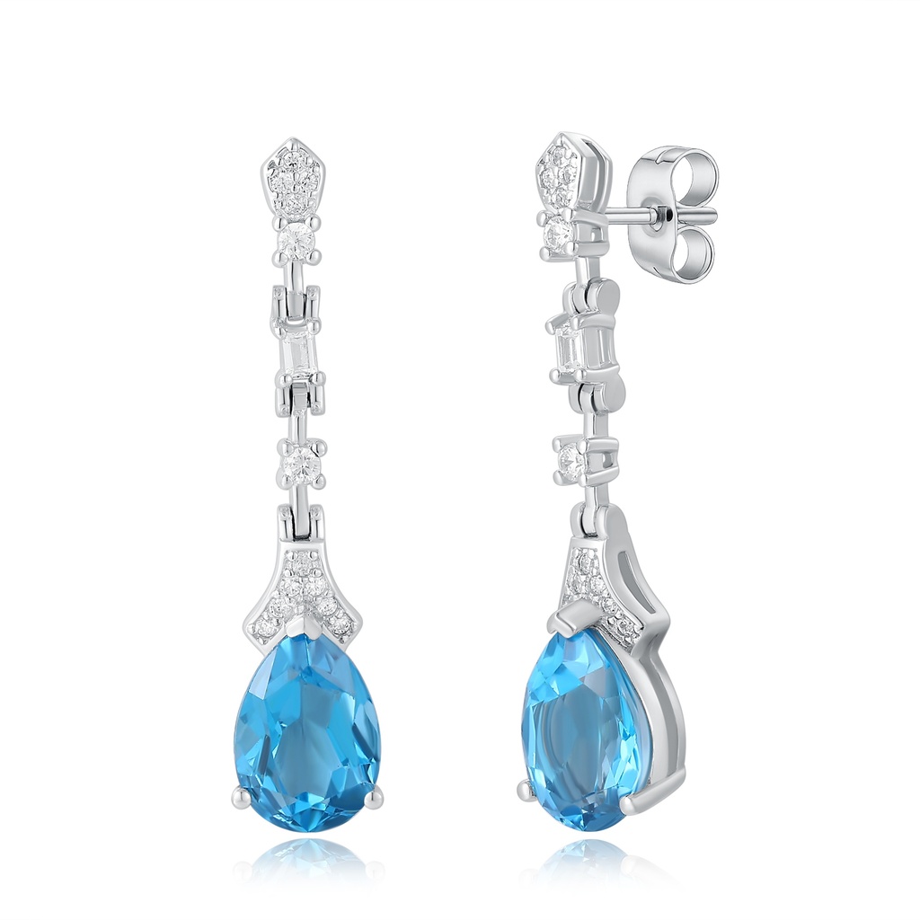 Stainless Steel Drop Earrings with Blue Teardrop Gem and Crystals