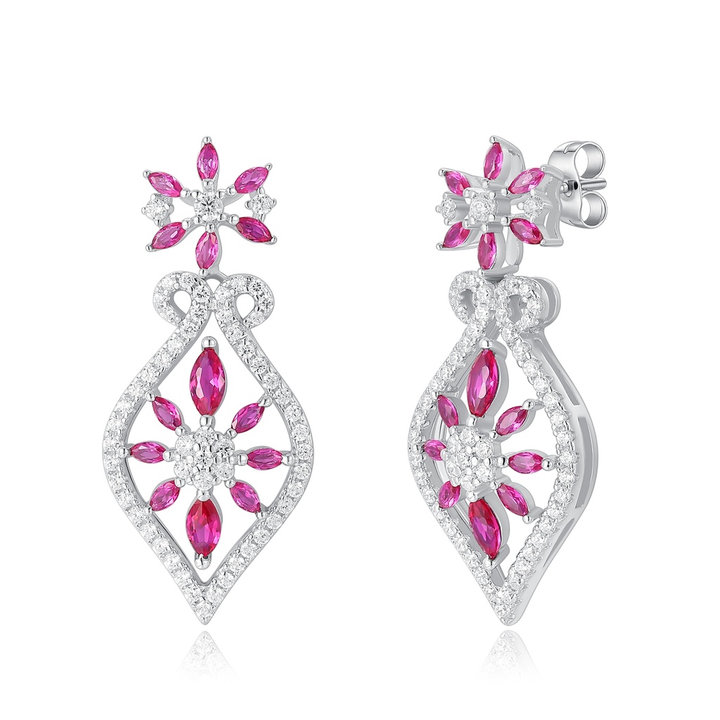 Stainless Steel Drop Earrings with Pink and Clear Crystal Flowers