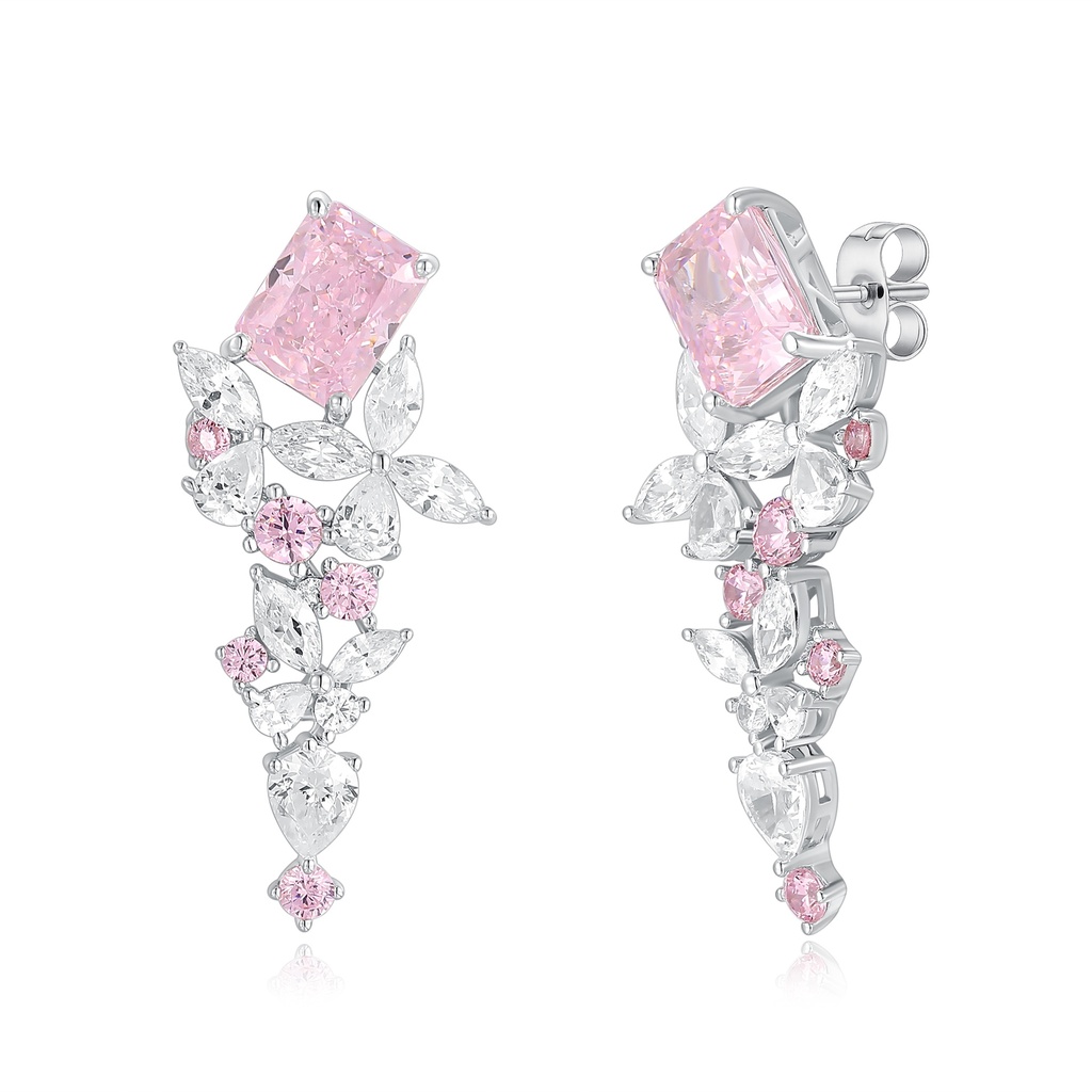 Stainless Steel Drop Earrings with Pink and White Sparkling Crystals