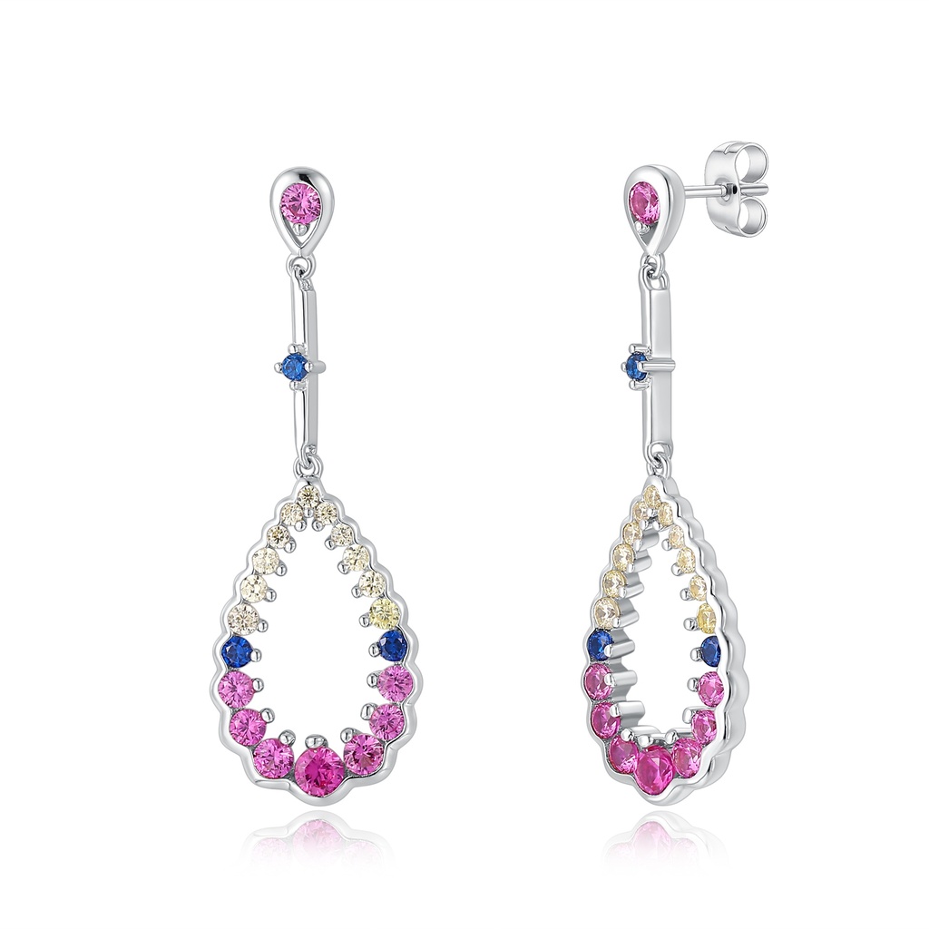 Stainless Steel Drop Earrings with Pink, Blue, Yellow Crystals