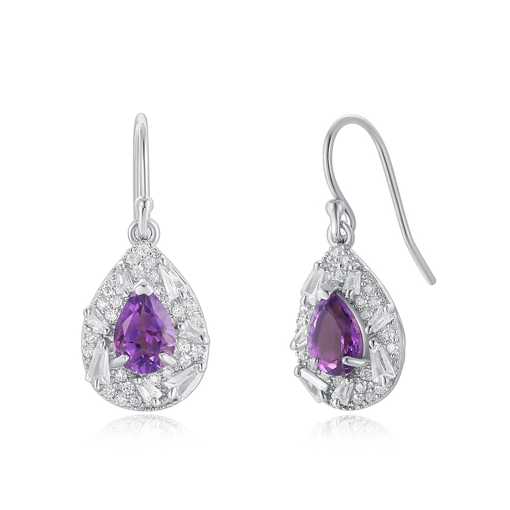 Stainless Steel Drop Earrings with Purple Teardrop Gemstone Halo