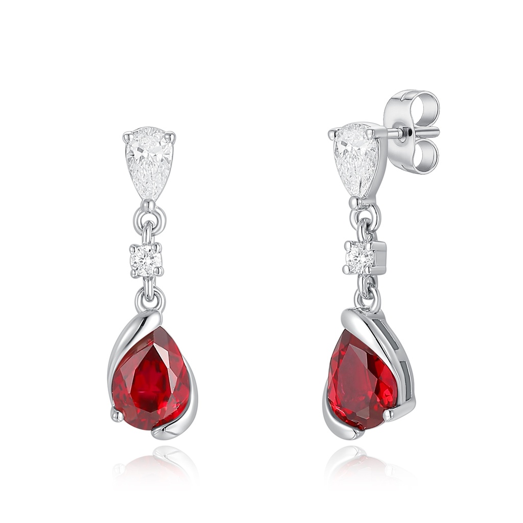 Stainless Steel Drop Earrings with Red Teardrop and Clear Stones