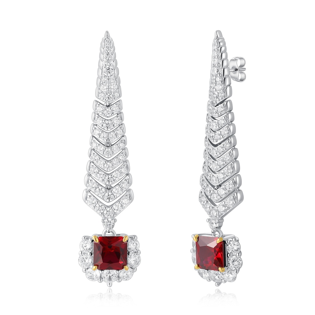 Stainless Steel Drop Earrings with Red and Clear Crystals