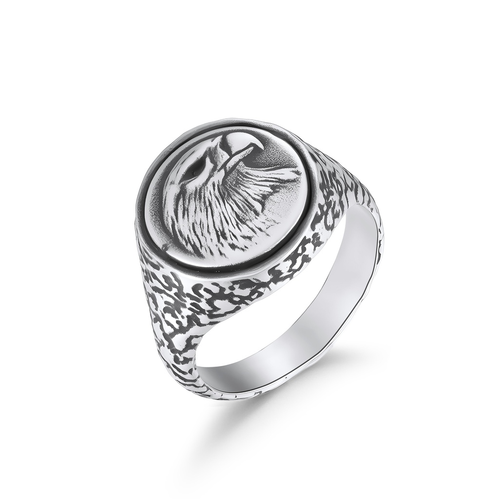 Stainless Steel Eagle Head Ring with Textured Antique Finish