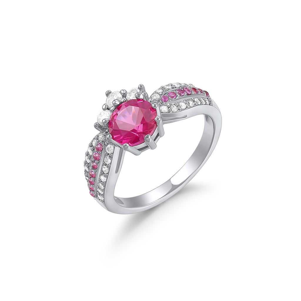 Bold pink center stone with radiant crystal halo detail