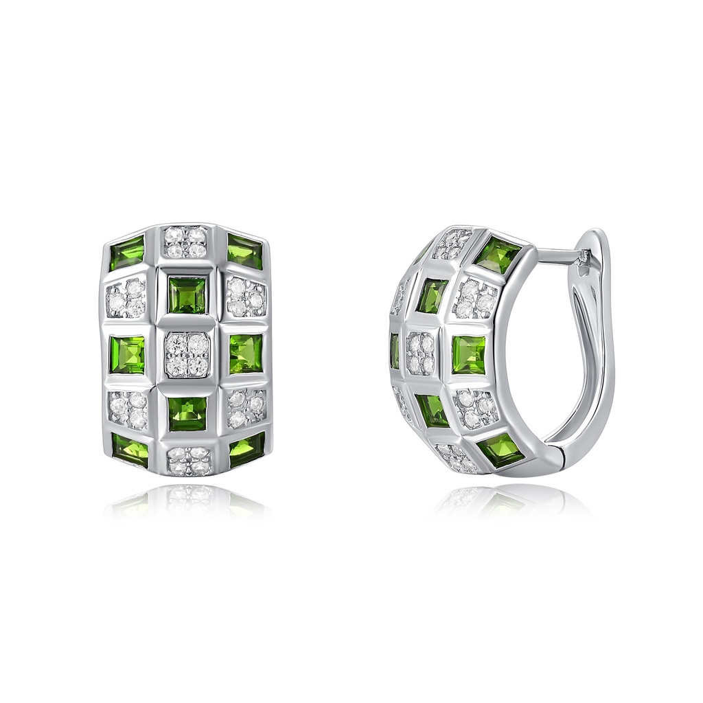 Stainless Steel Earrings with Green Square Gems and Crystal Accents