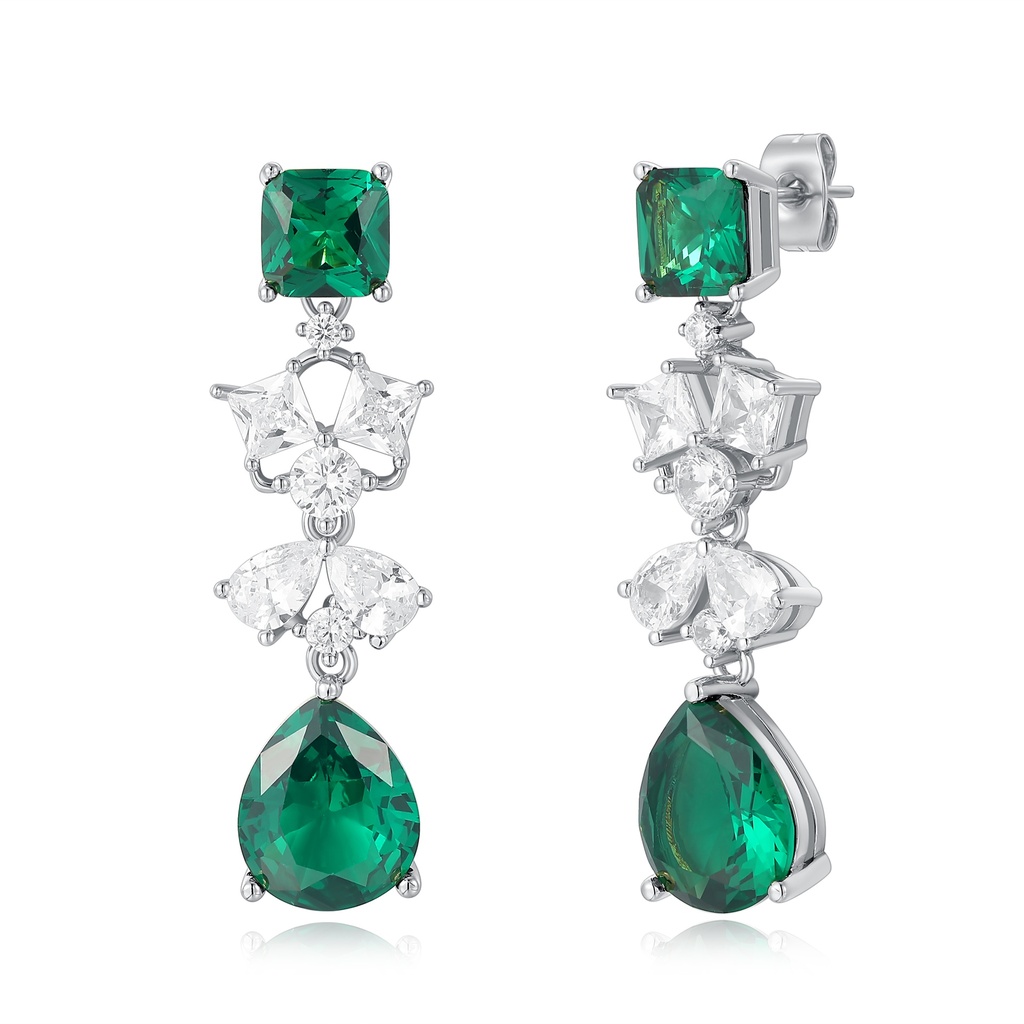 Stainless Steel Emerald Green CZ and Clear Drop Earrings