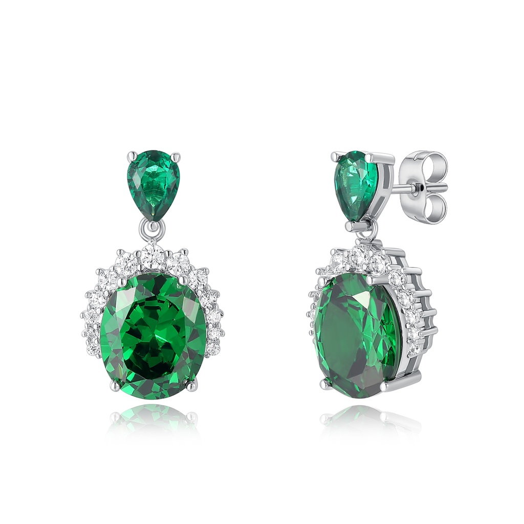 Stainless Steel Emerald Green Oval CZ Halo Drop Earrings