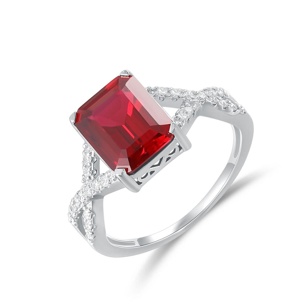 Stainless Steel Emerald-Cut Red CZ Crisscross Pavé Solitaire Statement Ring