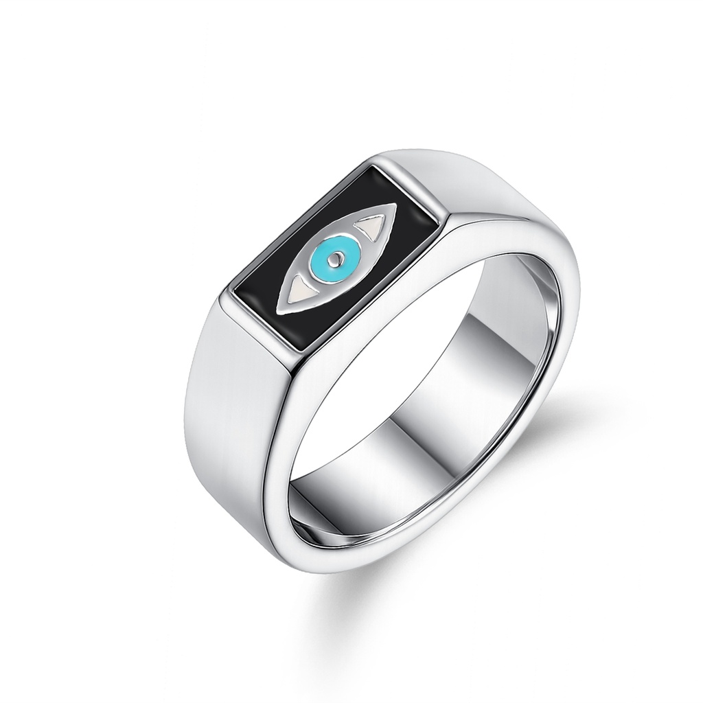 Stainless Steel Evil Eye Ring with Black Enamel Inlay