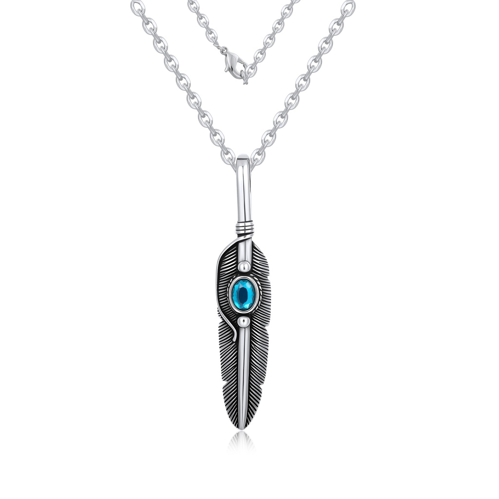 Stainless Steel Feather Pendant Necklace with Blue Crystal Accent