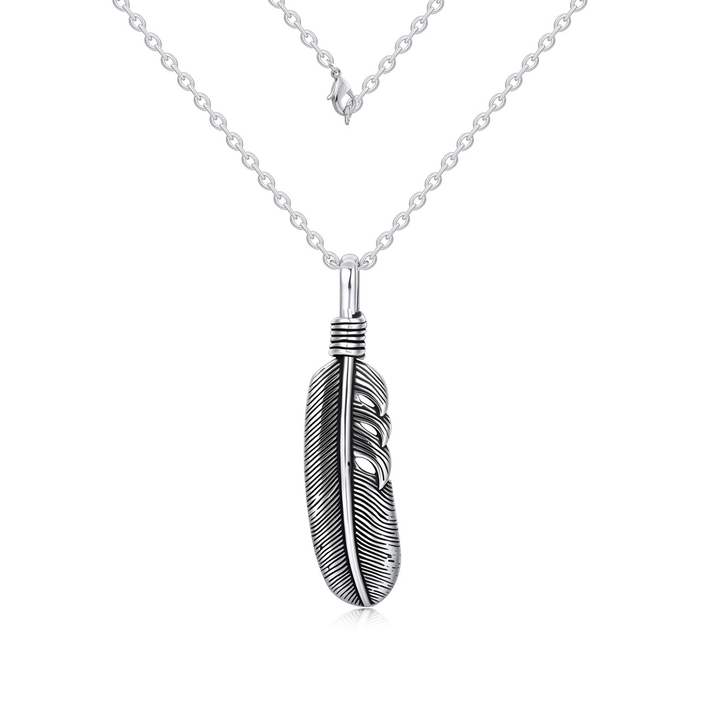Stainless Steel Feather Pendant Necklace, Silver-Tone, Detailed Adjustable Cable