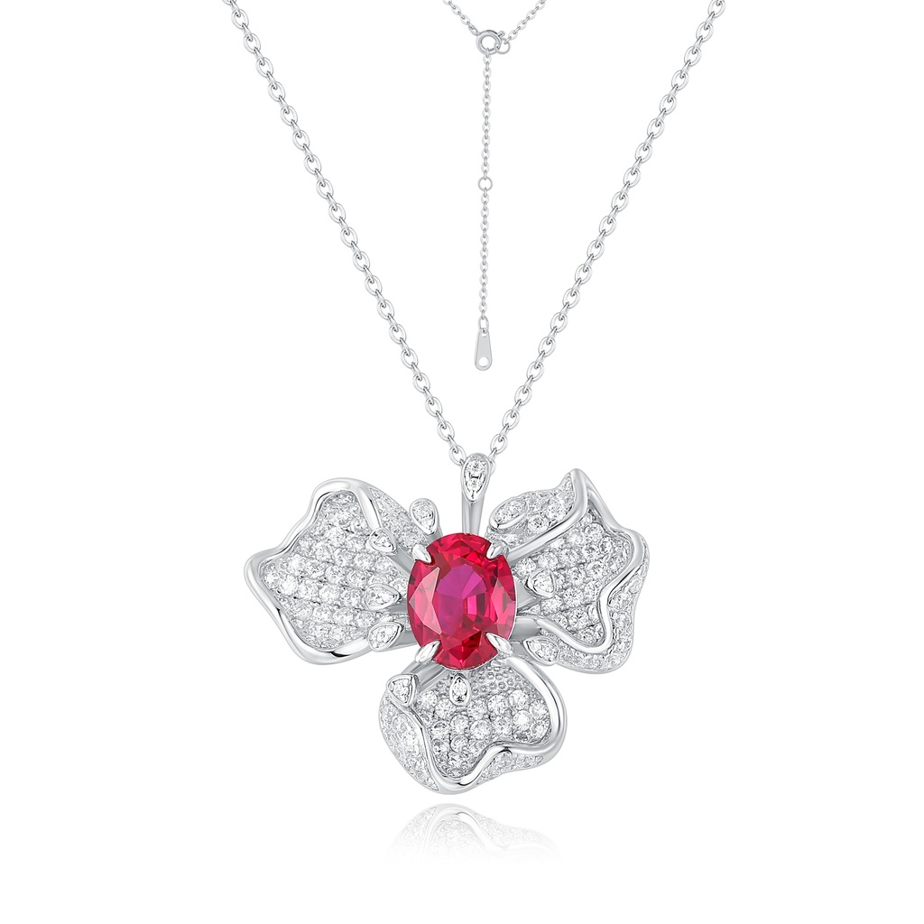 Stainless Steel Flower Necklace with Red Gem and Crystal Accents
