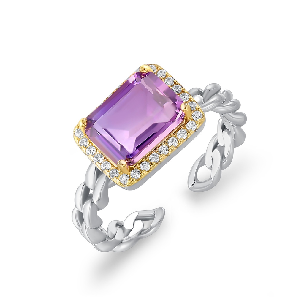 Adjustable Silver Chain Ring with Emerald-Cut Purple Gemstone