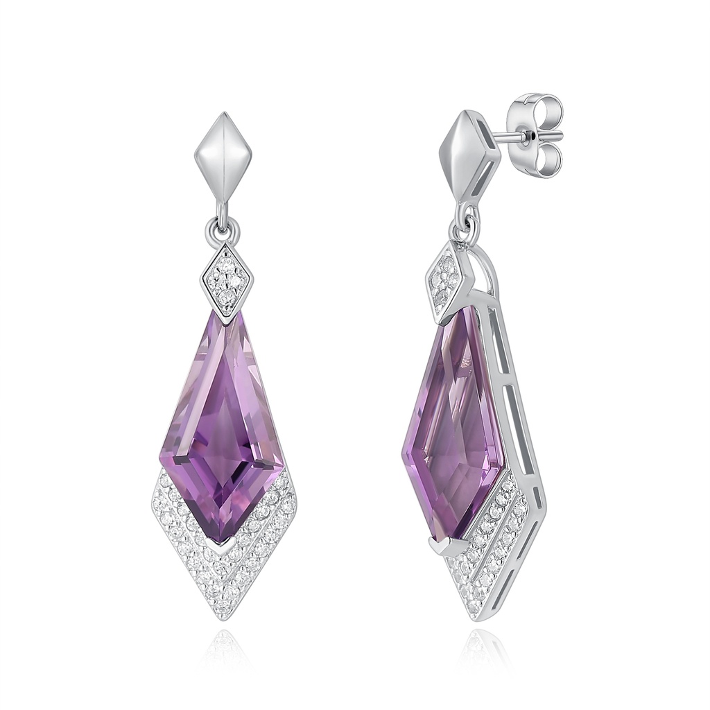 Stainless Steel Geometric Amethyst Drop Earrings with CZ Accents