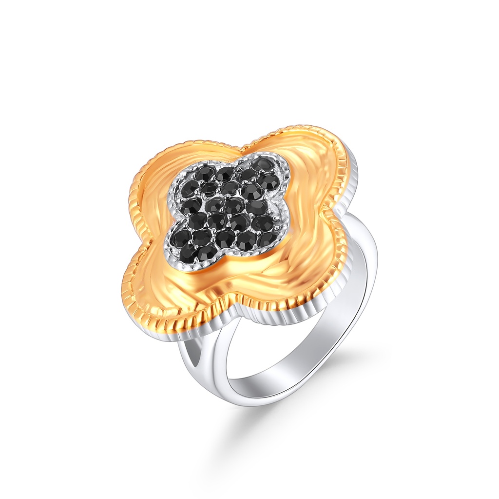 Stainless Steel Gold-Tone Clover Ring with Black Crystal Accents  100-word Product Description: