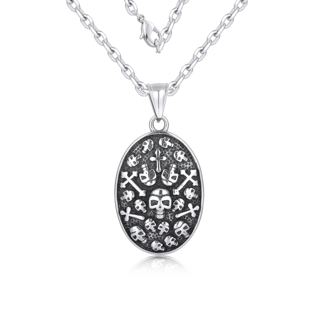 Stainless Steel Gothic Skull Pendant Necklace with Crossbone Design