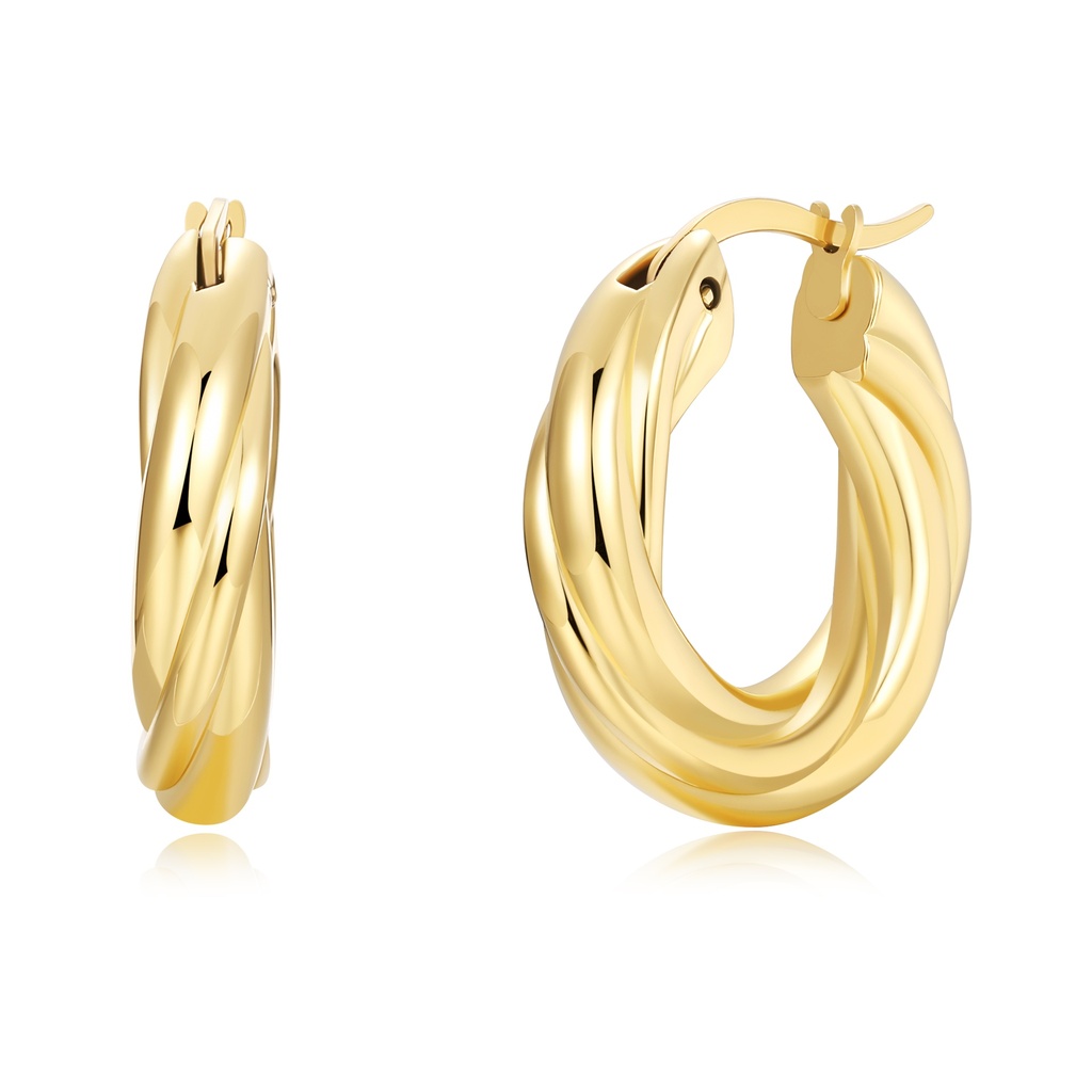 Bold twisted gold hoops with sculptural, high-polish statement design.