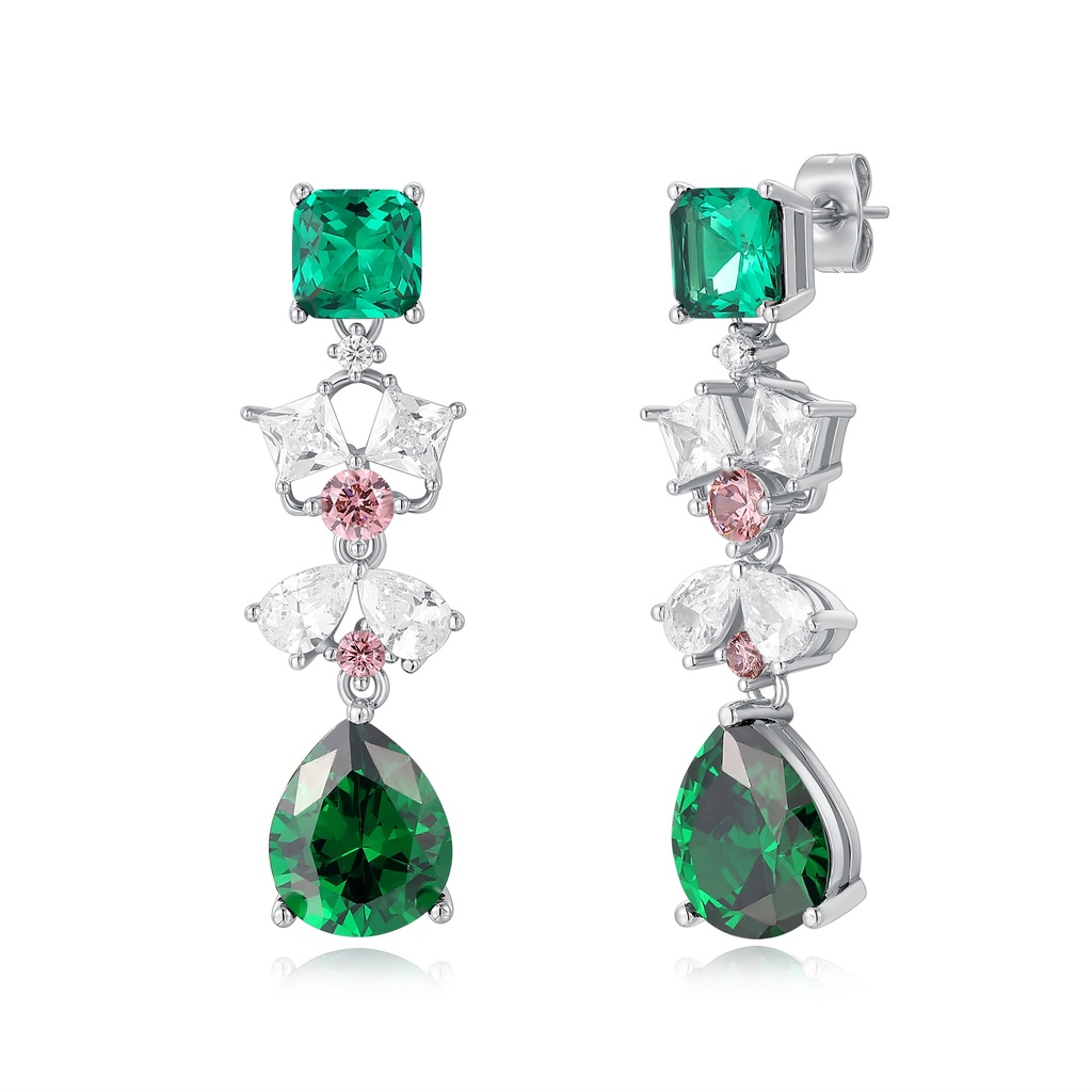 Stainless Steel Green CZ Drop Earrings with Pink Accents
