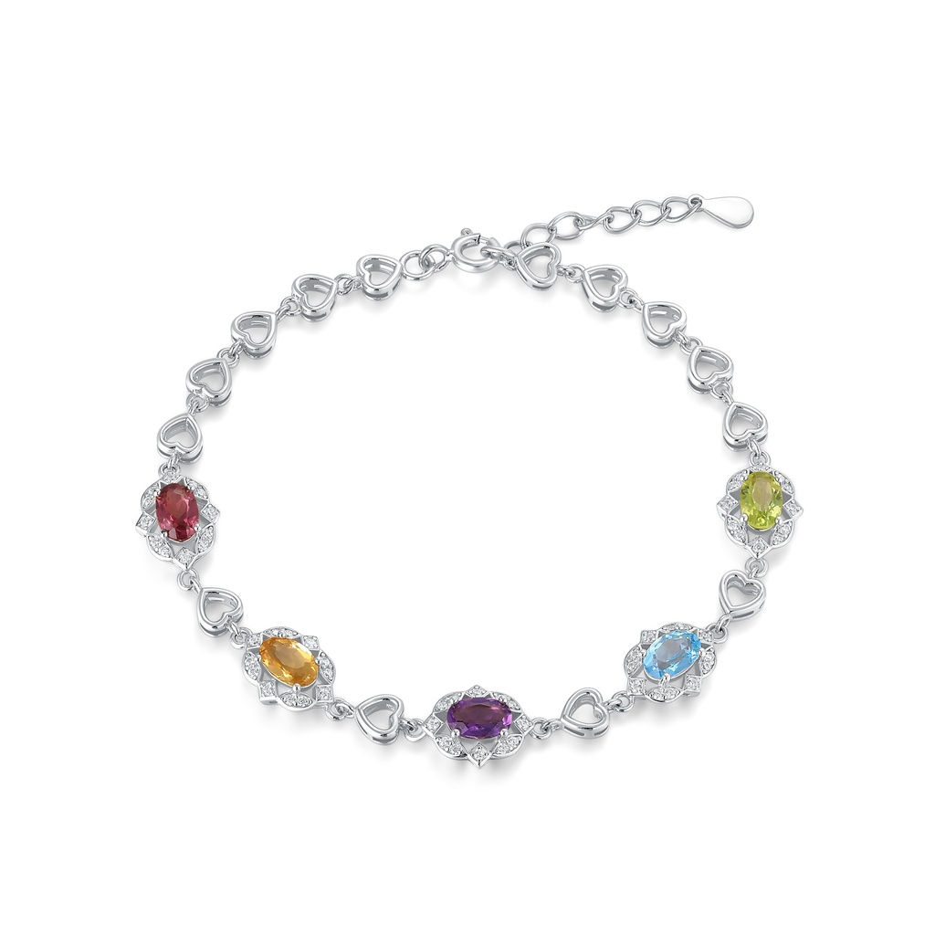 Stainless Steel Heart-Link Bracelet with Multicolor Oval Zirconia Stones