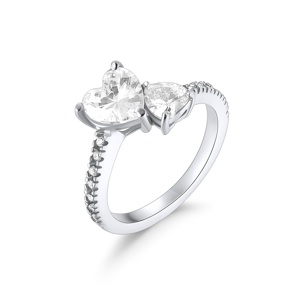Stainless Steel Heart-Shaped and Round-Cut Crystal Engagement Ring