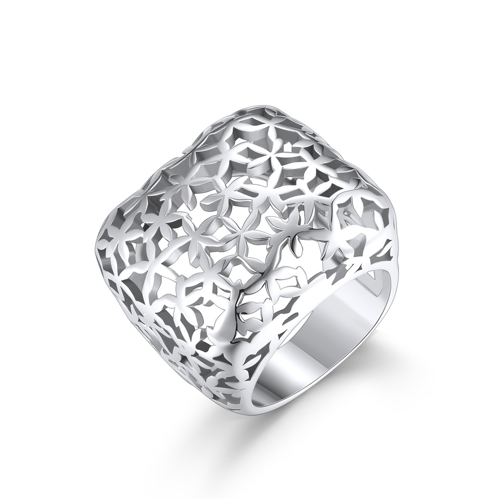 Stainless Steel Hollow Flower Pattern Wide Band Statement Ring