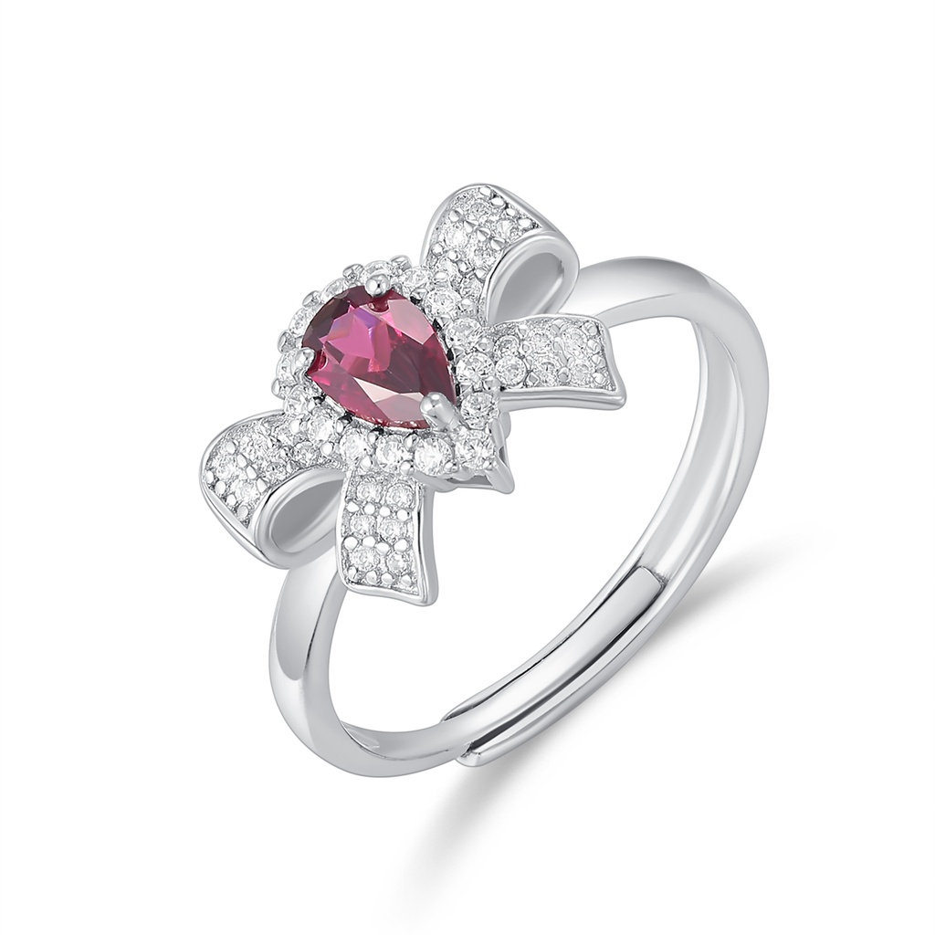 Bow-Inspired Ring with Red Teardrop Stone and Crystals