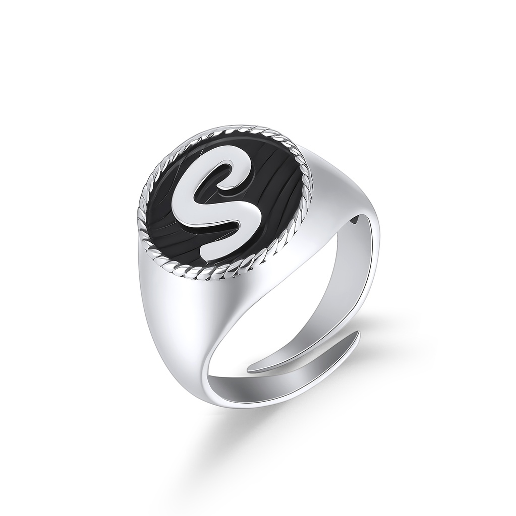 Stainless Steel Initial "S" Signet Ring with Black Enamel