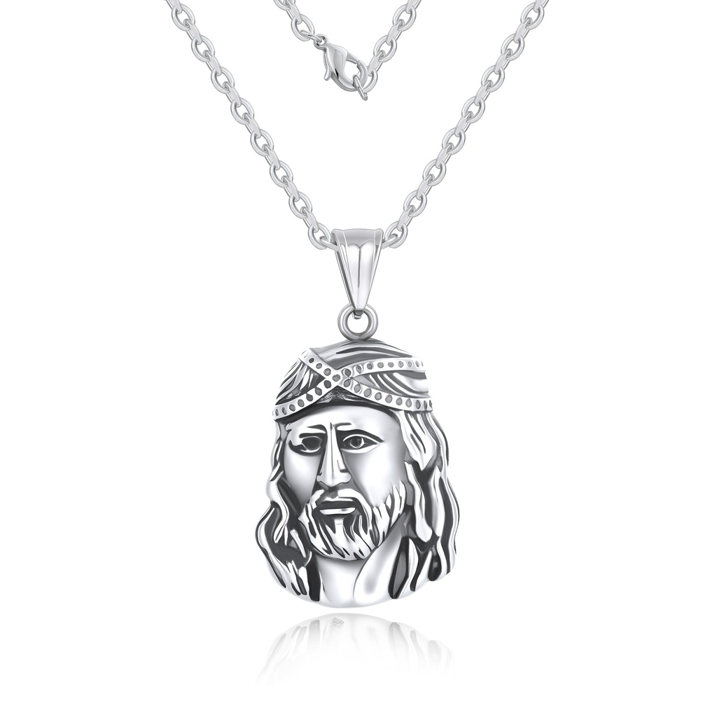 Stainless Steel Jesus Pendant Necklace with Crown of Thorns Design