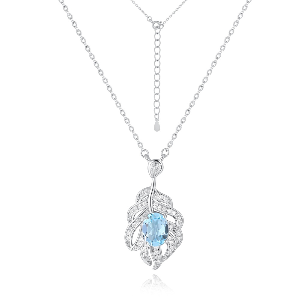 Stainless Steel Leaf Pendant Necklace with Sparkling Blue Gemstone