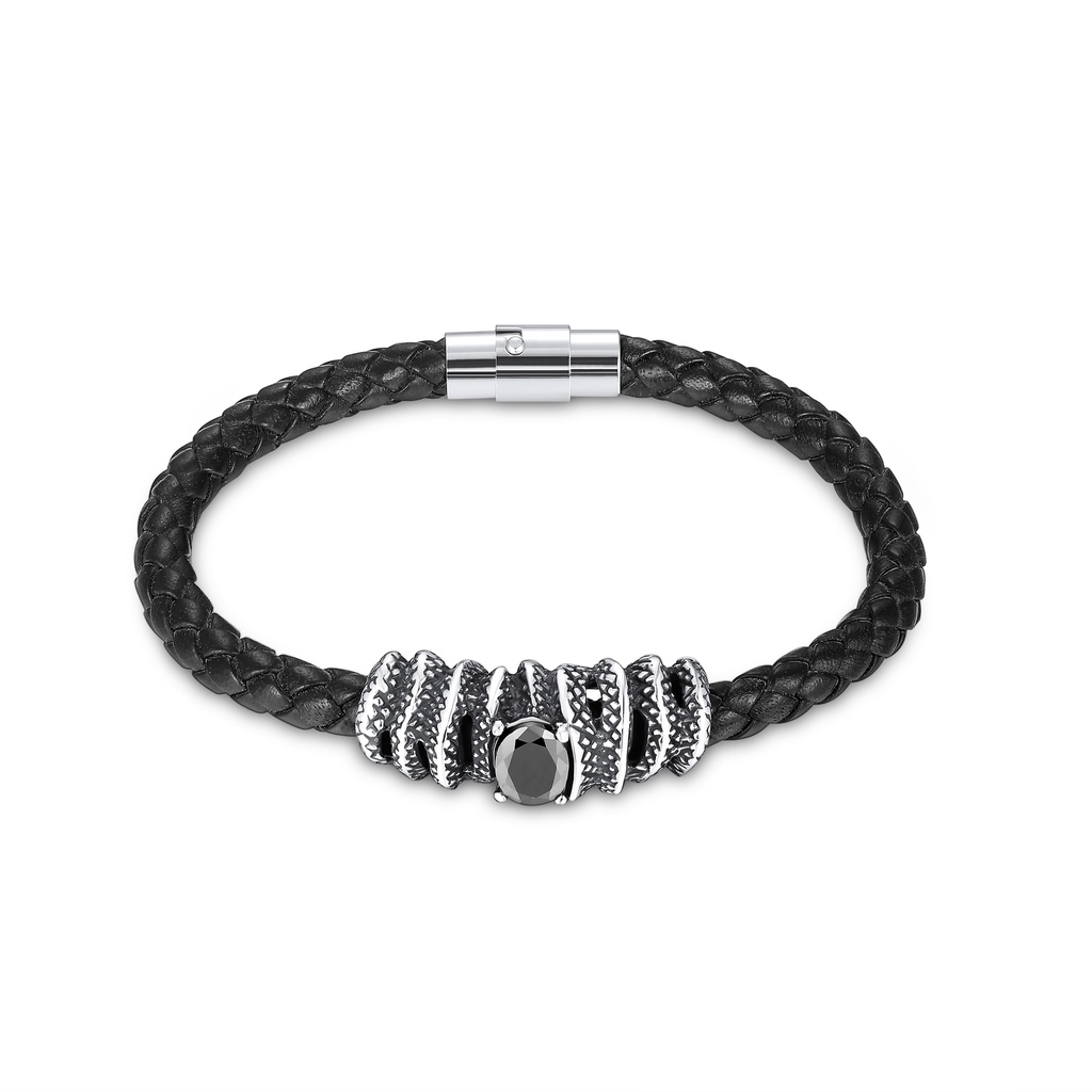 Braided Black Leather Bracelet with Stainless Steel and Crystal Beads