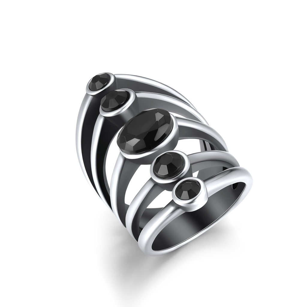 Stainless Steel Multi-Band Ring with Bold Black Gemstones