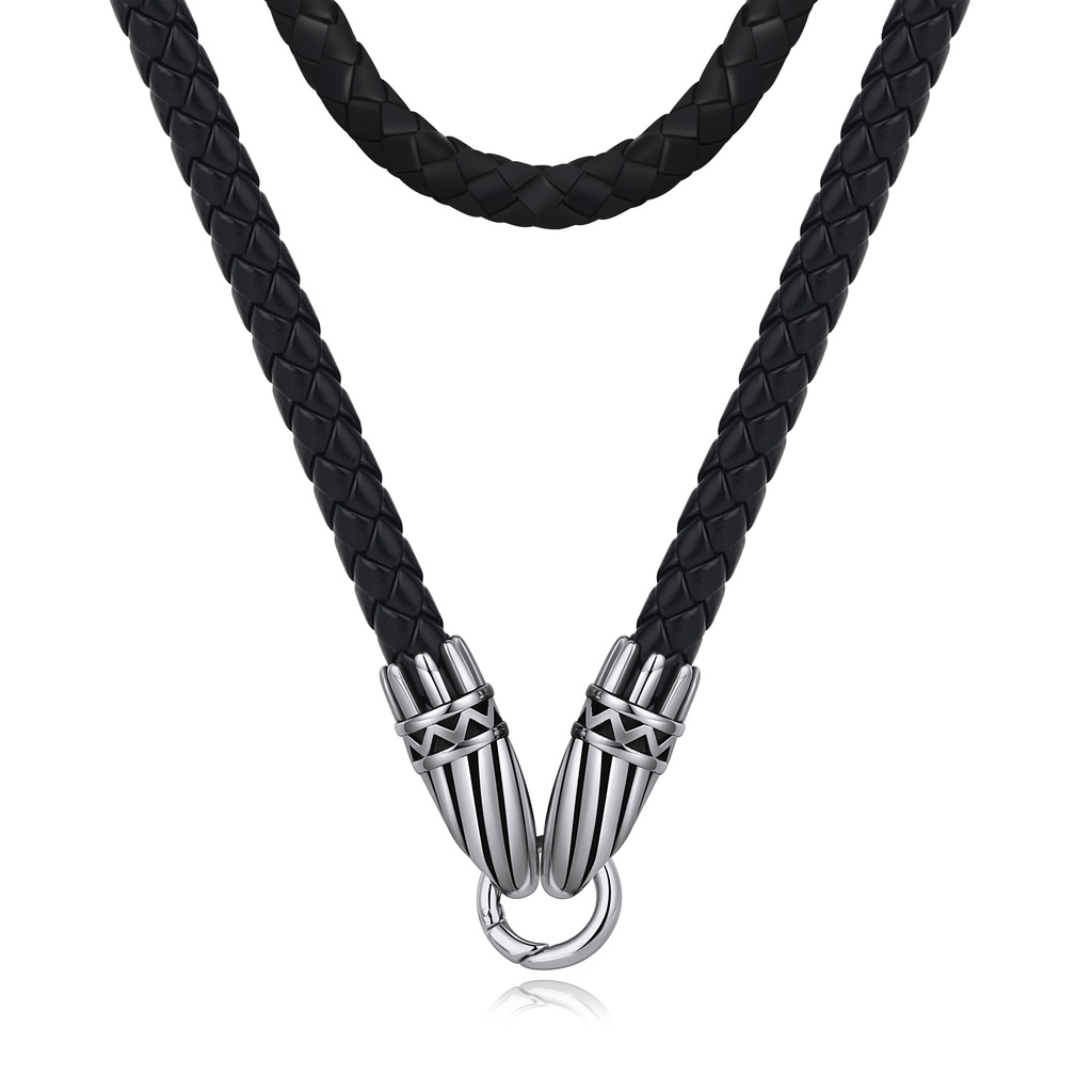 Braided Black Leather Necklace with Stainless Steel Viking Clasp