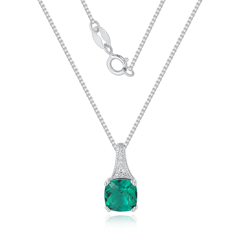 Stainless Steel Necklace with Green Cushion Gemstone and Crystal Accents
