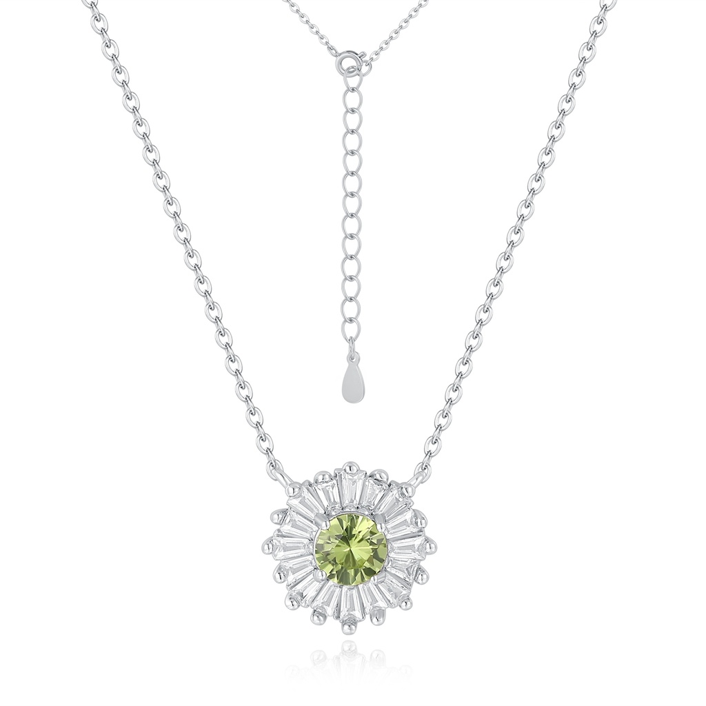 Stainless Steel Necklace with Green Gem and Radiant Crystal Halo