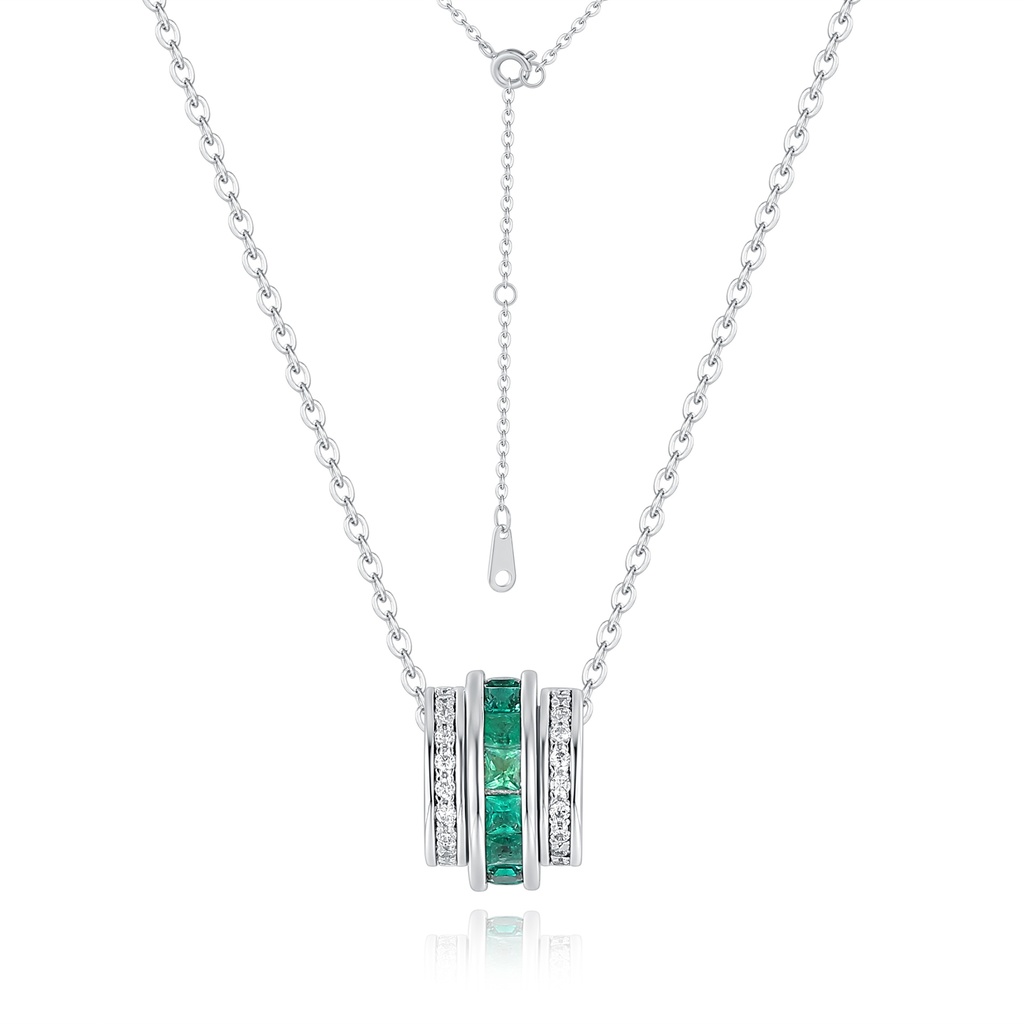 Stainless Steel Necklace with Green Gemstone Cylinder and Crystal Accents