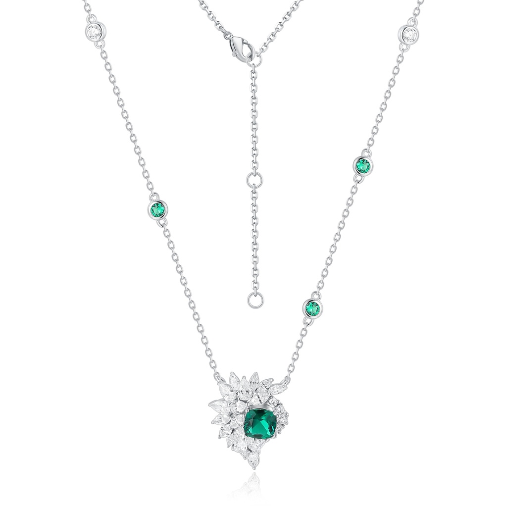 Stainless Steel Necklace with Green Gemstone Floral Crystal Pendant