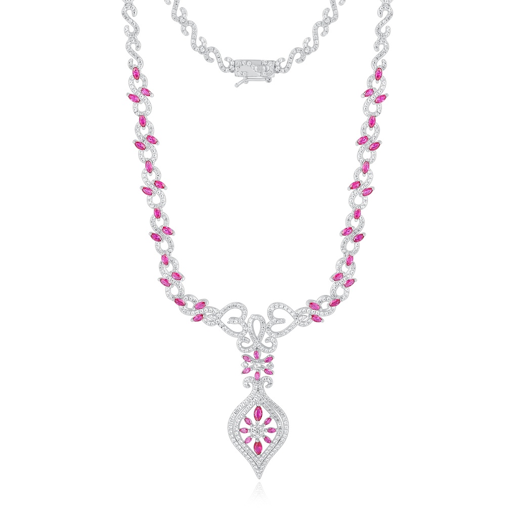 Stainless Steel Necklace with Pink Crystal and Sparkling Zircon Accents
