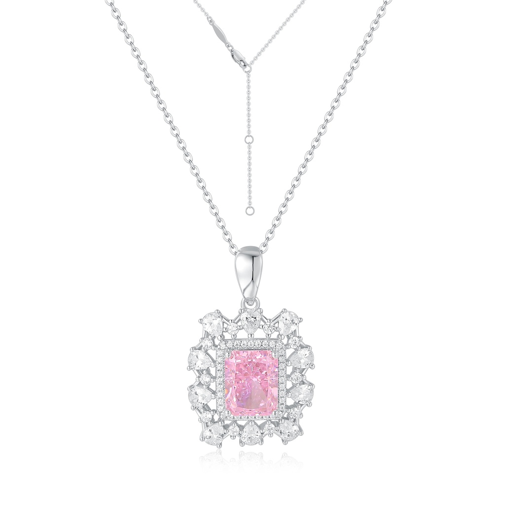 Stainless Steel Necklace with Pink Gemstone and Crystal Halo