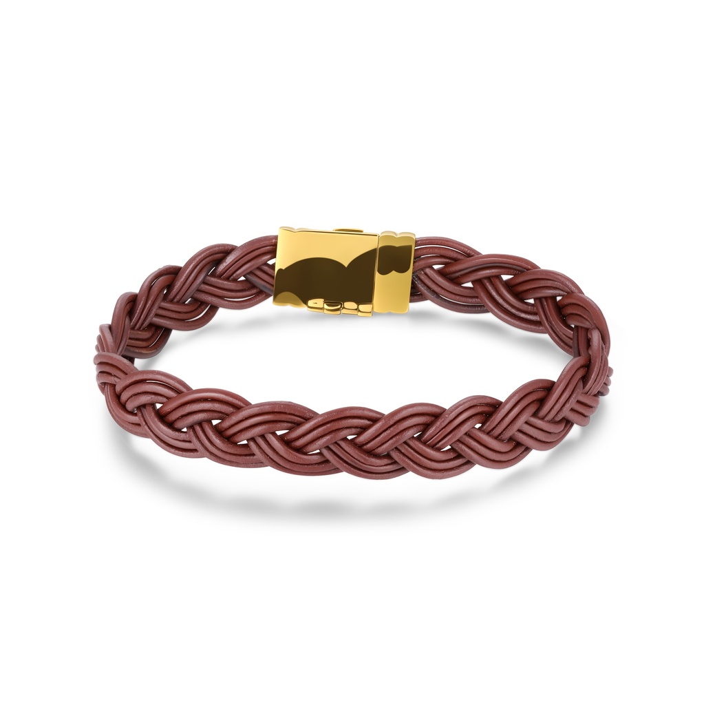 Braided Brown Leather Bracelet with Gold-Tone Stainless Steel Clasp