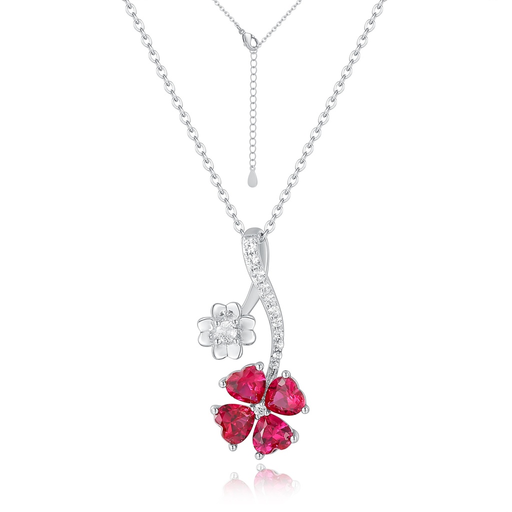 Stainless Steel Necklace with Red Flower Pendant and Crystal Accents