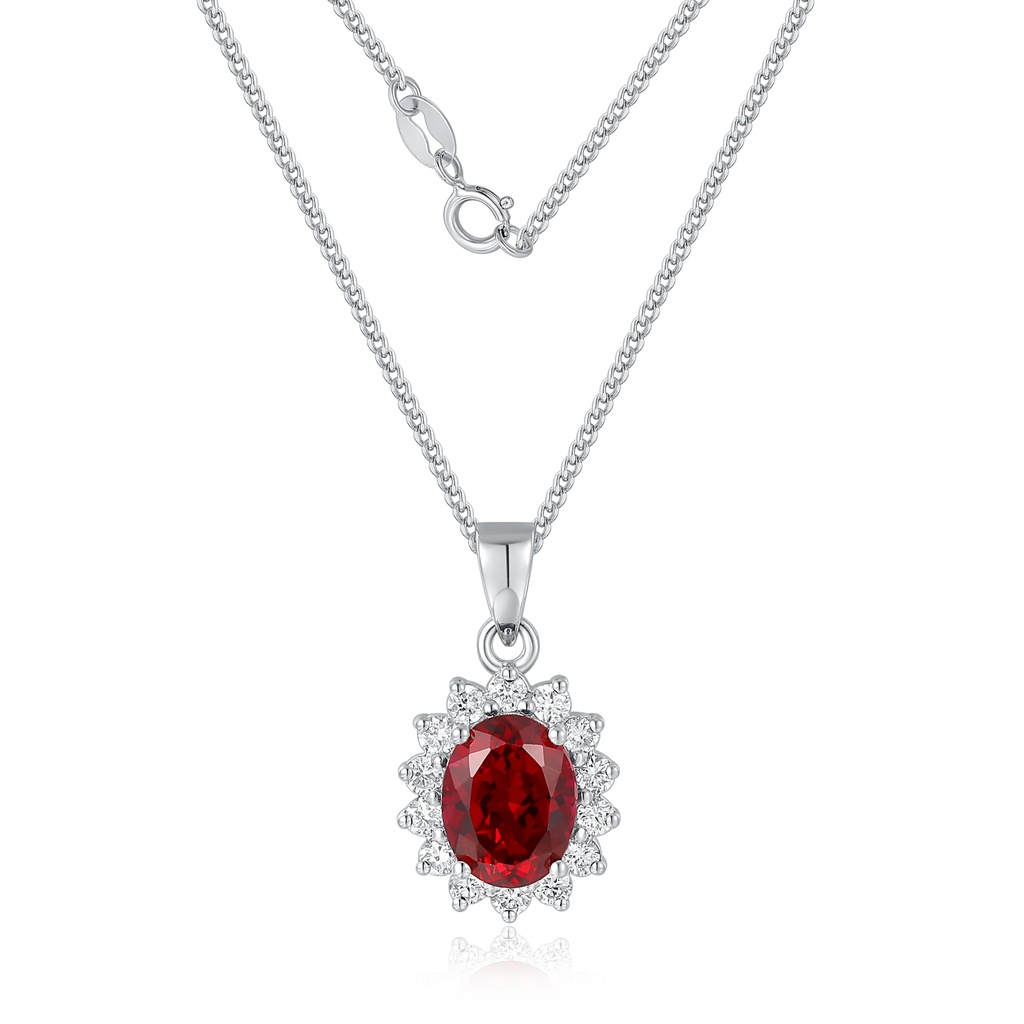 Stainless Steel Necklace with Red Oval Gemstone and Crystal Halo