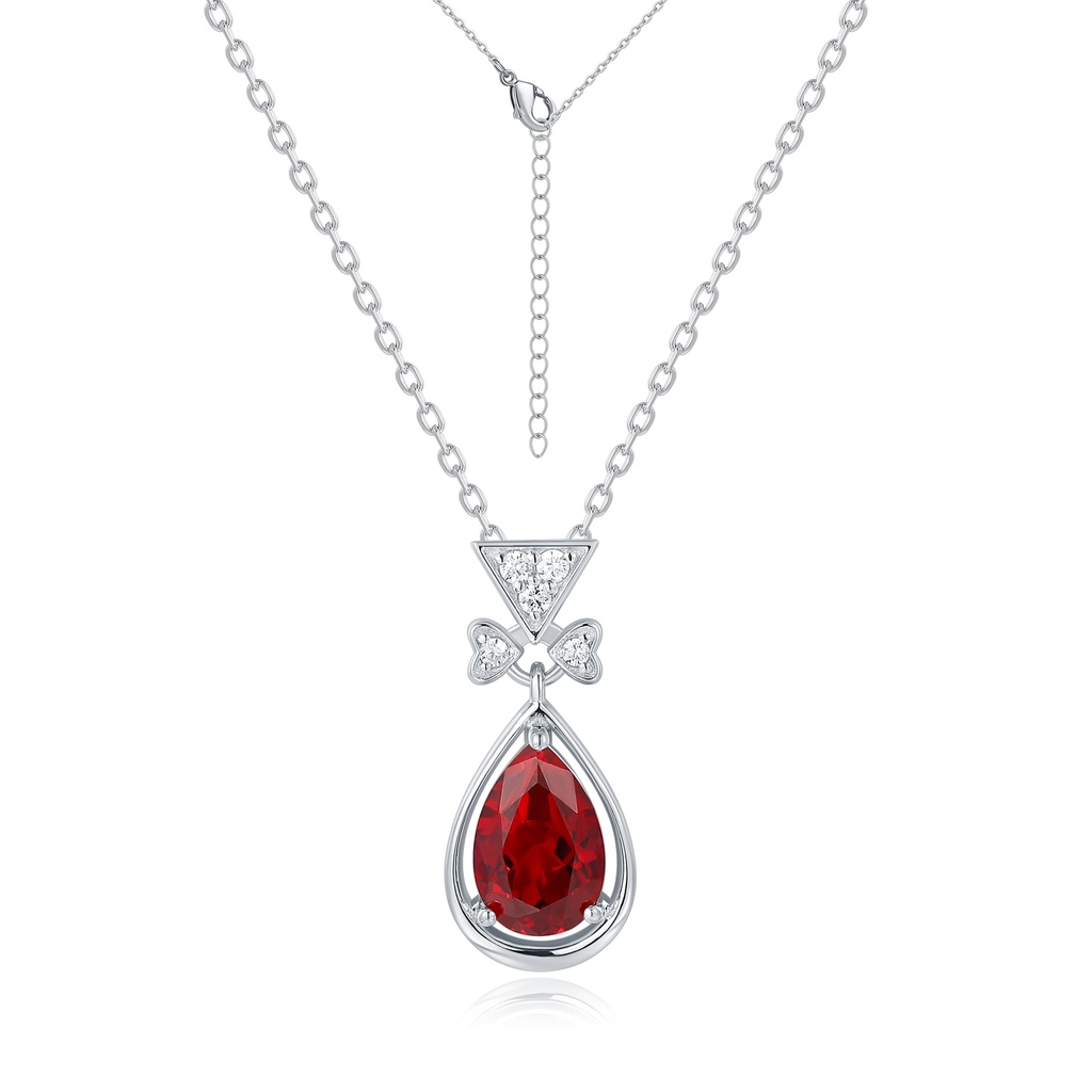 Stainless Steel Necklace with Red Teardrop Gem and Crystal Accents