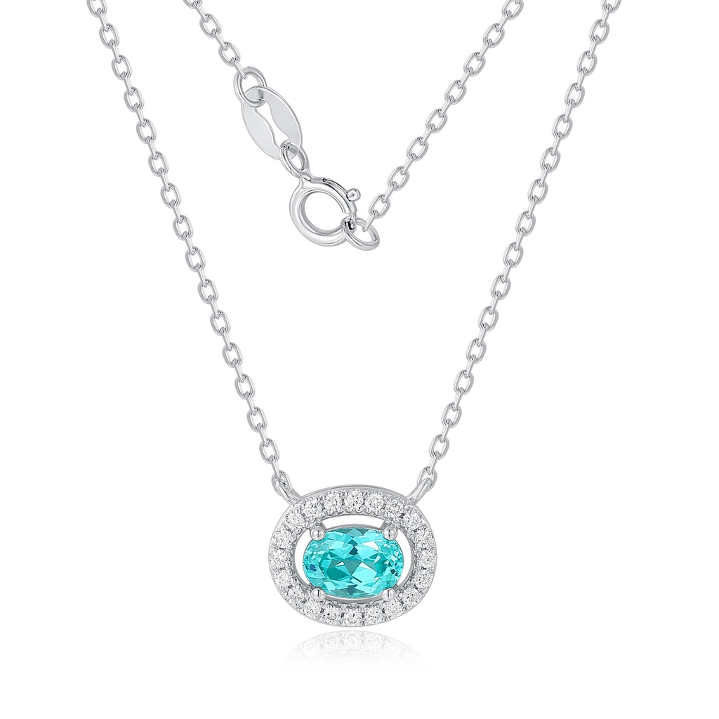 Stainless Steel Oval Necklace with Blue Green Halo Crystal