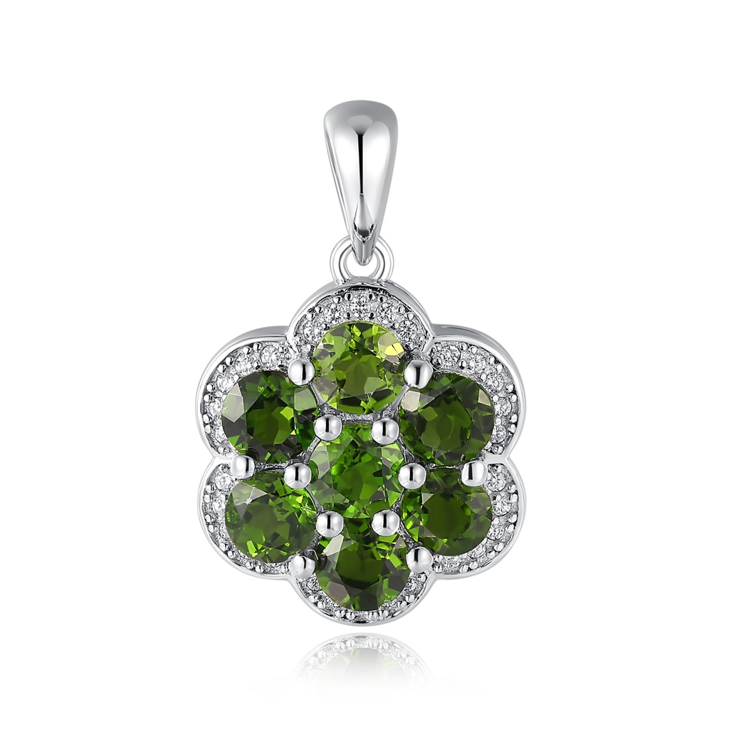 Stainless Steel Pendant with Green Crystal Floral Cluster Design
