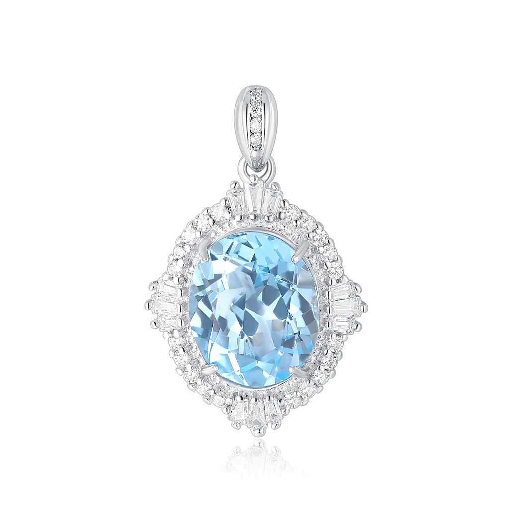 Stainless Steel Pendant with Radiant Oval Blue Crystal Halo